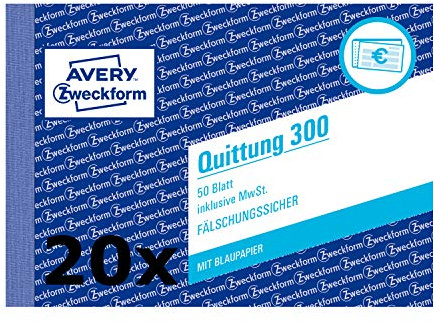 AVERY Zweckform 300 Quittung inkl. MwSt. (A6 quer, mit 1 Blatt Blaupapier, 50 Blatt) (Weiß, 20 Stück)