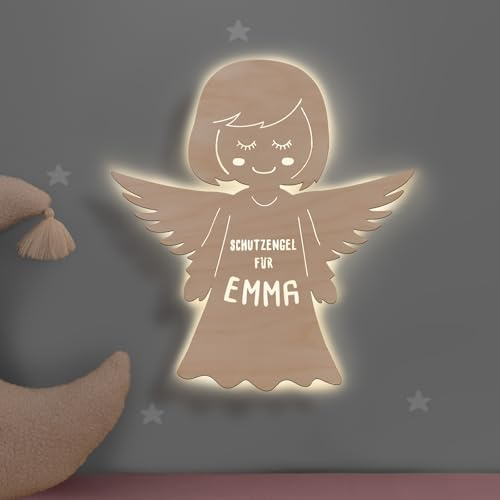 hellomini Personalisierbares LED-Nachtlicht mit Name für Kinder & Babys | Holz-Wandlampe | Schlummerlicht mit Motivwahl – Geschenk zur Geburt & Taufe (Emma der Engel)