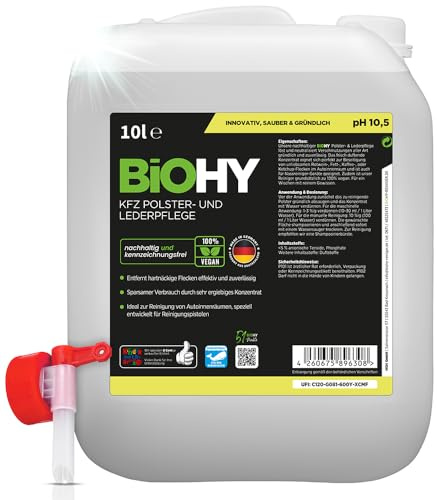 BIOHY Nettoyant Cuir et habitacle de la Voiture (Bidon de 10l) + Robinet | Entretien de l'intérieur de la Voiture | shampoing nettoyant | Odeur agréable | Détachant pour sièges d'auto (KFZ Polster)