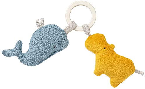 Fehn 056082 Greifling Nilpferd & Wal NATUR – Greifling mit Holzring & Stoff-Tieren mit Bio-Baumwolle aus kontrolliertem Anbau – fördert gezielt Greifen & Motorik – treuer Begleiter für Babys ab Geburt