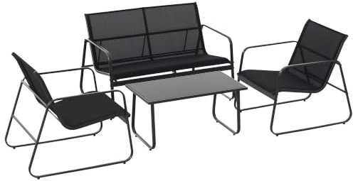 Outsunny Set Salotto da Giardino 4 Pezzi Metallo e Texteline, Nero | Divanetto da Esterno a 2 Posti, 2 Sedie e Tavolo da Caffè in Vetro Temperato, Set di Mobili da Giardino