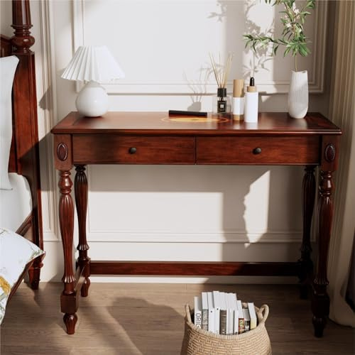 LEEMTORIG Vintage Solid Wood Writing Desk, Small Secretary Desk with 2 Drawers, 39.4 W Cherry Wood Writing Table for Home Office, Victorian French Provincial Desk, Cherry Walnut SSZ-1533-WD