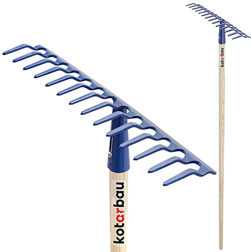 KOTARBAU® Laubrechen - 38 cm - Metall Rechen für Gras & Laub - mit Holzstiel - 142 cm - Gartenrechen - Rasenrechen mit 14 Zinken - Gartenwerkzeug für Rasenpflege - Stahl - Marineblau