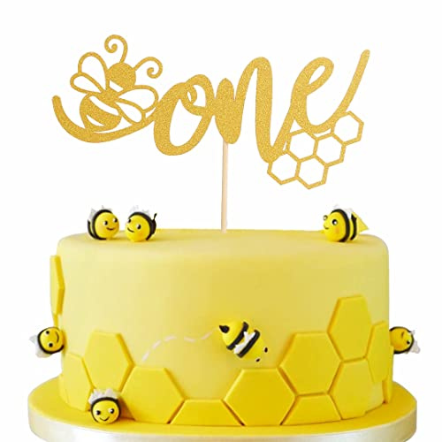 Gold One Bee Cake Topper - First Birthday Bee Cake Topper, Gold Glitter Bumble Bee One Cake Topper for Gender Reveal Baby Shower Party Decorations Supplies, Gold Honey 1st Birthday Topper | Gold glitter cardstock, bumble bee motif, 1st birthday cake decor, 1st anniversary milestone, photo booth props, cake smash