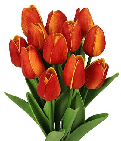 N&T NIETING Künstliche Tulpen Blumen, 12 Stück Fake Tulpen PU Latex Touch Tulpen, Faux Rot Tulpens Kunstblumen Arrangement für Hochzeitsstrauß Party Geburtstag Home Room Büro Deko,Orange Rot