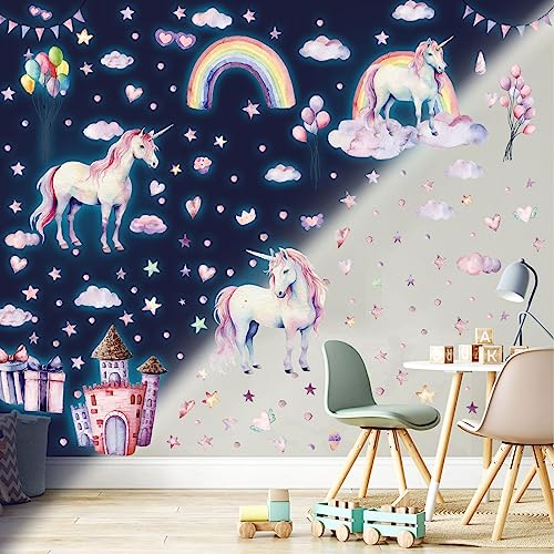 Tarklanda Licorne Etoiles Phosphorescentes Plafond Licorne Château Etoiles Fluorescente Lumineuse Arc en Ciel Autocollants Stickers Muraux Décoration pour Bébé Enfants Fille Chambre Bleu