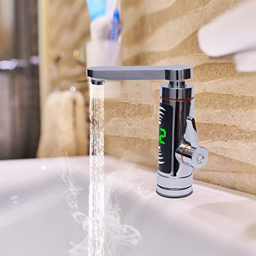 3000W Elektrischer Warmwasserhahn Durchlauferhitzer Mischbatterie mit LED Temperaturanzeige 360° Armatur Spültis Sofort Heizung Wasserhahn für Küche Bad Wohnwagen Camping