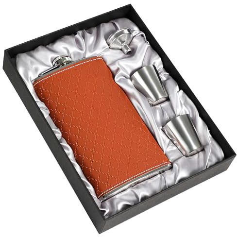 LHD HOME Flask For Men,350ml/12oz Hip Flask,304 Food Grade Stainless Steel,2 Cups And Funnel Portable Gift Box For Whiskey Rum Groomsman Best Man Usher Wedding-Leather Rhomboid Stripe Brown