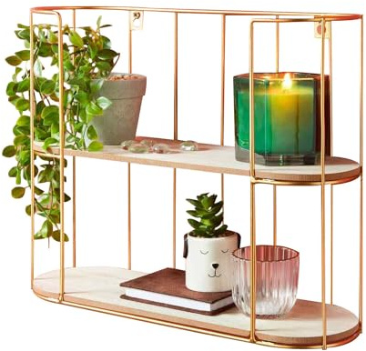 YORKSHIRE HOMEWARE 2 Tier Storage Shelves | Floating Wall Shelf with Metal Frame | Wooden Display Shelving Unit | Hanging Wall Decoration for Bedroom, Living Room, Office, Hallway Kitchen