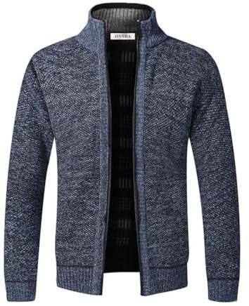 Jinsha Cárdigan de Punto para Hombre Suéter Grueso Cuello Alto con Cremallera Cálido Forro Polar Elegante Ocio Clásico Moda Empresarial Chaqueta para Otoño Primavera Invierno Suéter(Azul Gris M)