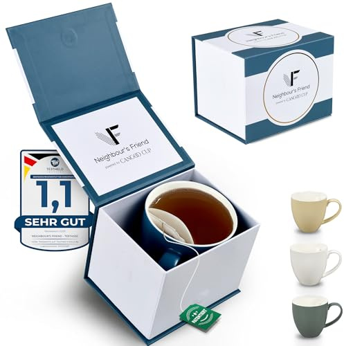 Neighbour's Friend Patentierte Teetasse blau Geschenk Box I Keramik Tasse groß 325ml I Teebecher Steingut I Keramiktasse für Tee I Spülmaschinengeeignete Teetassen I Modernes Design für Teetrinker