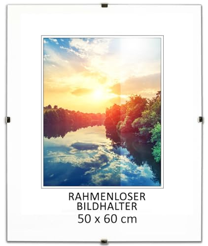 MG Design Rahmenloser Bilderrahmen, 50 x 60 cm - mit Clips, Acrylglas, HDF-Platte - zum vertikalen oder horizontalen Aufhängen/Aufstellen, Cliprahmen für Fotos, Poster, Puzzles