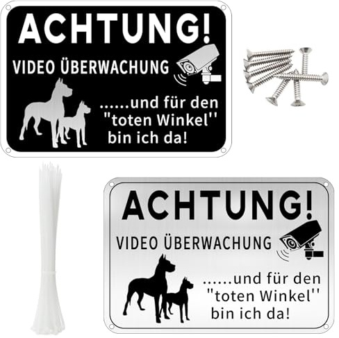 Vorsicht Hund Videoüberwachung Warnschild, 2 Stück, 20x15cm Aluminium Metallschild mit Kabelbindern und Schrauben für Innen und Außen