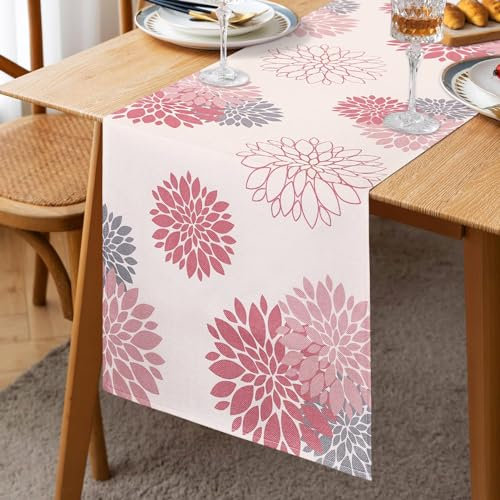Runner da Tavolo Primavera Estate Rosa Grigio Dalia Fiore Runner da Tavolo Lino 33x183cm Moderno Attraente Fattoria Geometrico Tavolo Centro Decor per Soggiorno Pranzo Festa Patio