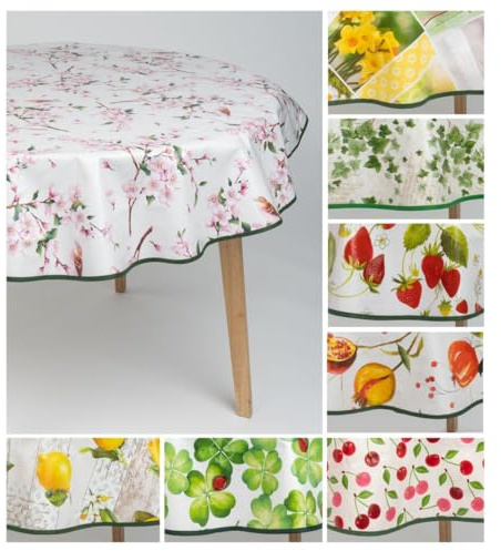 laro 140cm runde Wachstuch Tischdecke abwaschbar Wachstuchtischdecke mit Saum-Eingefasst-Paspelband, Muster:Kirschblüten Rosa Weiß, Größe: Rund 140cm