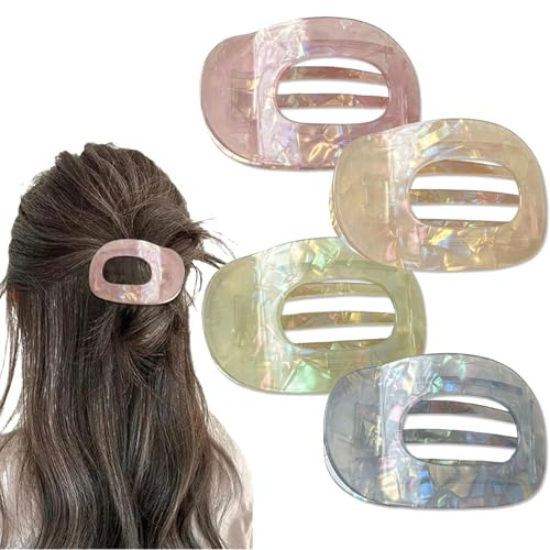 Yeomju 4 Stück Acetat Flache Haarklammern,Flat Claw Clip für Damen, Bonbonfarbe Farbe Lay Down Haarklammer für dickes und dünnes Haar, Bequeme, gebogene flache Clips