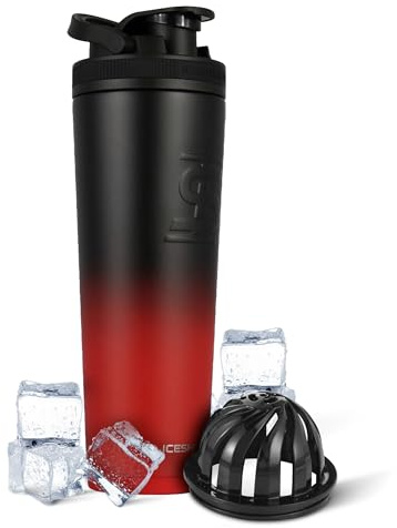 Ice Shaker Insulated Stainless Steel Shaker Bottle | 32oz, Red/Black | Cold for 30+ Hours | Insulated Cup with Twist-on Agitator | Odor-Free Bottle for Protein Shakes, Water, Smoothies, Cocktails