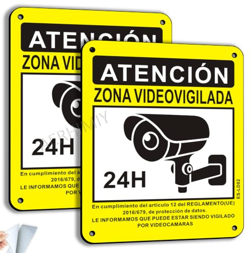 2 Piezas Cartel Videovigilancia Aluminio Reflectante 15x12cm - Con Adhesivo y Agujeros Pre-perforados