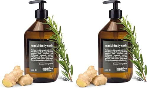 Jean & Len Savon pour les mains et la douche Rosemary et Ginger, nettoie et soigne la peau, Parfum frais et épicé, Savon liquide sans silicone, parabène & microplastique, Bouteille en verre 500 ml