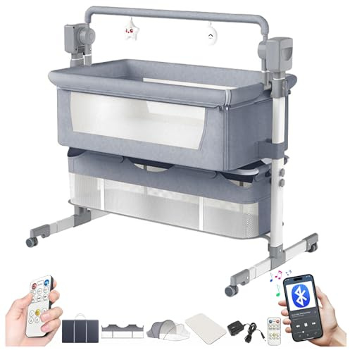 Magic ZC Elektrische Bluetooth Intelligent Beistellbett Baby mit Rollen, Faltbar Co-Sleeping Babybett, Fernbedienung und 5-schwankende Zahnräder, Stubenwagen Kleinkind Wiege mit Musik (601 Mid Grey)