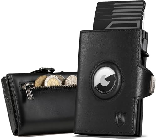 DODENSHA AirTag Wallet for Men, RFID Blocking Leather Card Holder with Pop-Up Mechanism, Compact Trifold Wallet with ID Window & Coin Pocket, Gift Box Included (Black)