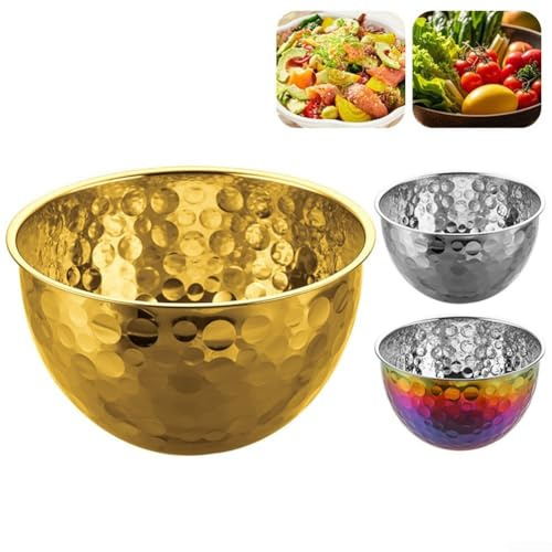 Ensaladera redonda resistente de acero inoxidable con textura de martillo para uso doméstico en la cocina, adecuado para mezclar ensaladas, lavar verduras y batir huevos (plateado, 28 cm)
