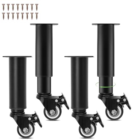 Homtone 4 patas de muebles ajustables en altura con ruedas y freno, giratorias 360 grados y móviles para muebles, patas de metal, patas de mesa de acero laminado en frío con ruedas, para sofá, armario