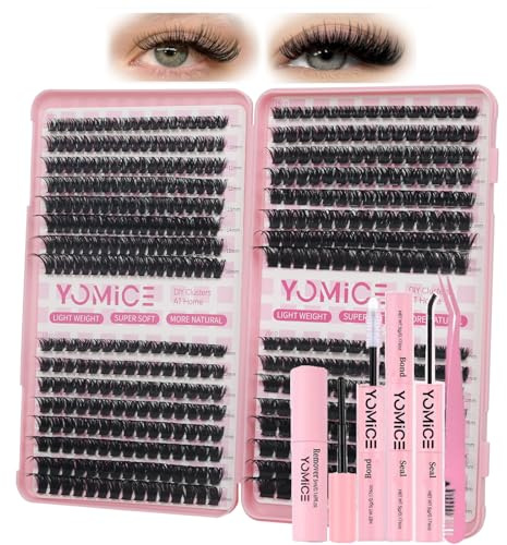 Yomice Fluffy Individual Eyelashes Kit with Glue & Remover and Tweezers | 80+120+150+200D Clusters Lashes Kit,8-16mm ,480pcs Individual Cluster Kit Natural Look, Reusable,Complete DIY Kit for Home