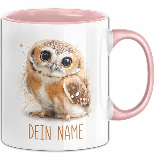 Eulen Tasse mit Namen – Personalisierte Kaffeebecher Tiermotiv Geschenkidee Mädchen Junge (Rosa)