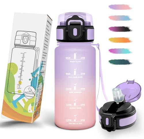 Mulbijeo Trinkflasche, Zeitanreiz, Trinkflasche Kinder 500ML BPA-Frei, Wasserflasche Kohlensäure Geeignet, Wasserflasche mit Strohhalm, Auslaufsicher, Sportflasche für Joggen, Schule, Büro, Party