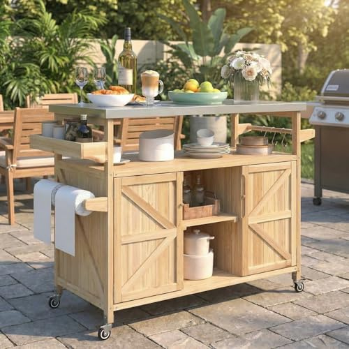 Waully 50.25 Outdoor Kitchen Island with Wheels for Food Prep, Strage, Bar, Rolling Outdoor Grill Table for Outside, Outside Cooking Table, Grill Carts, Cooking Station, Modular, Solid Wood, Natural