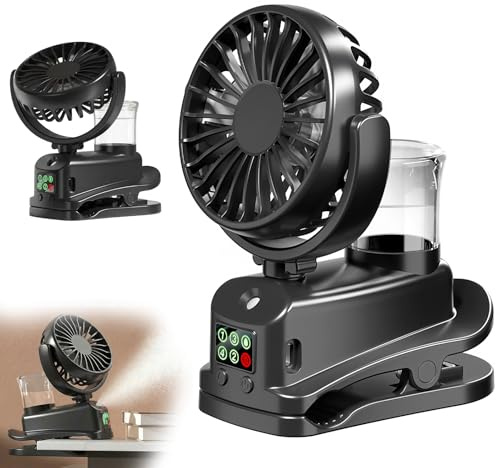 AHYDFSR Ventilador Pinza, USB Mini Ventiladors Recargable, con Spray Humidificador, 4 Velocidades, Ventilador de Mesa Pinza Portatil, para Dormitorio Oficina Camping(Negro)