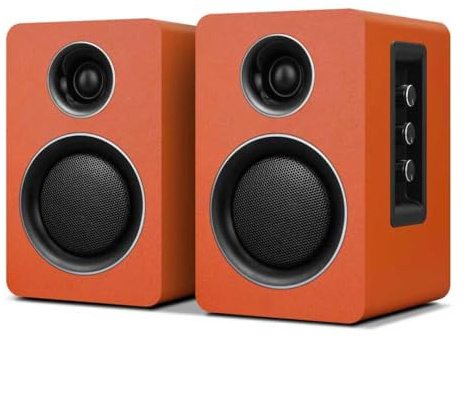 Active Bookshelf Speakers, 60W, Bluetooth 5.3, USB-C, AUX/RCA, Orange | A 3-inch carbon fiber woofer, 1-inch silk dome tweeter and wood cabinets. For PCs, turntables, TVs, gaming and music.