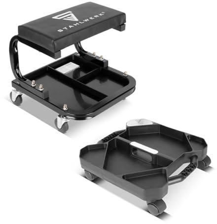 STAHLWERK Kit de taller y montaje: taburete de taller con capacidad de carga de 118 kg, incluye portaherramientas portátil que soporta hasta 45 kg, organizador de herramientas compacto con 5