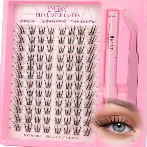 EMEDA Kit med bruna klusterfransar, inklusive franslim och pincett Naturlig Franskluster kit Transparent band DIY-fransförlängning hemma Vattentålig Natural Brown Lash Clusters