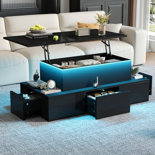 Coolfish Liftable Coffee Table w/ 4 Drawers, High-Gloss Side Table w/LED Lighting, Sofa Table, Coffee Table, Living Room Table w/Hidden Storage MDF 100 x 50 x 40 cm Black
