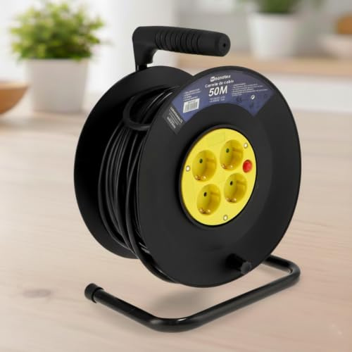 M mimotec - Enrollacables Exterior 50 Metros 4 Tomas 3200W 16A | Cable H05VV-F 3x1,5 mm² | Carrete Eléctrico con Protección Infantil | Alargador para Jardín, Garaje, Taller y Hogar