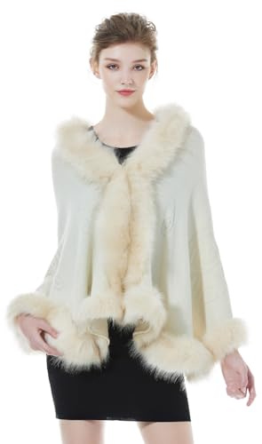 BEAUTELICATE Stola Pelliccia Sintetica Elegante Donna Poncho Stola Maglia Invernale Scialle Cardigan per Matrimonio Cerimonia Sposa,Beige