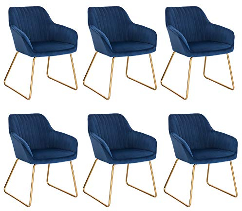 WOLTU Esszimmerstühle 6er Set Küchenstühle Wohnzimmerstühle Polsterstühle Sessel, Armlehnstühle mit Rückenlehne, für Esszimmer, Küche, Wohnzimmer, Samt, Gold Metallbeine, Blau, BH246bl-6