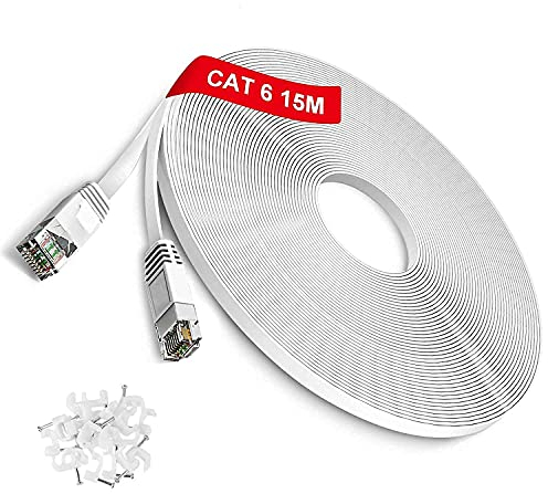 Cavo Ethernet 15m Cat6 Piatto - POE Cavo di Rete ed alta velocità 10/100/1000Mbps RJ45 Cavo LAN Patch OFC-UTP per Router PC, Console, TV Box, Modem, Bianco