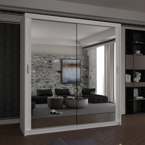 MN Furniture Houston Double Mirror Space Saving Bedroom Sliding Door Wardrobe 100cm/120cm/150cm/180cm/203cm (White, 150cm)