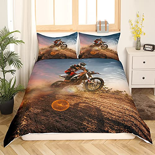 Loussiesd 3D Motorrad Druck Bettwäsche Set Offroad Extremsport Super Weich Bettbezug Set Kinder Jungen 135x200 cm Microfaser Betten Set mit Reißverschluss und 1 Kissenbezug 80x80 cm