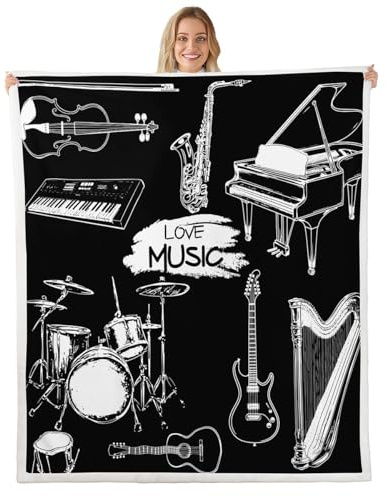 Feelyou Guitar Fleece Throw Blanket for Sofa Couch Drum Kit Piano Music Themed Sherpa Blanket Black White Musical Pattern Warm Plush Blanket Room Decor Instruments Print Fuzzy Blanket Throw 50x60