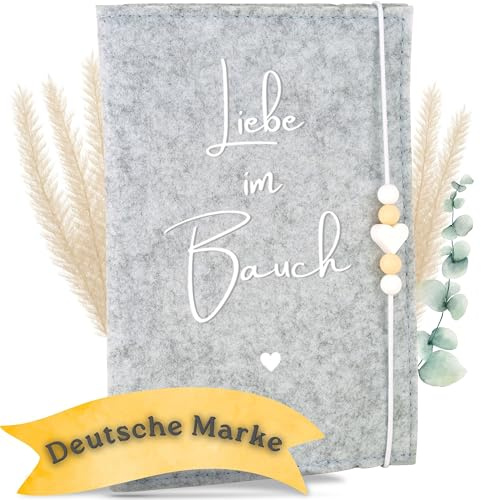 MAHEWA® Funda prémium para cartilla de embarazo de tela de fieltro | Organizador de carné de maternidad | Funda para carné de maternidad | Cubierta Liebe im Bauch gris claro