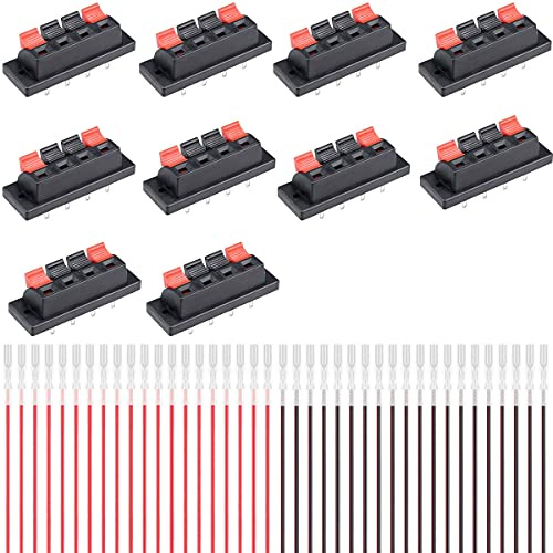 Youmile 10 Stück 4-Wege-Stereo-Lautsprecheranschlussklemmen Hochstrom 8A Kapazität Klemmleistenblock Federklemmen Verbindungsklemme Testklemme mit roter und schwarzer Cliplinie
