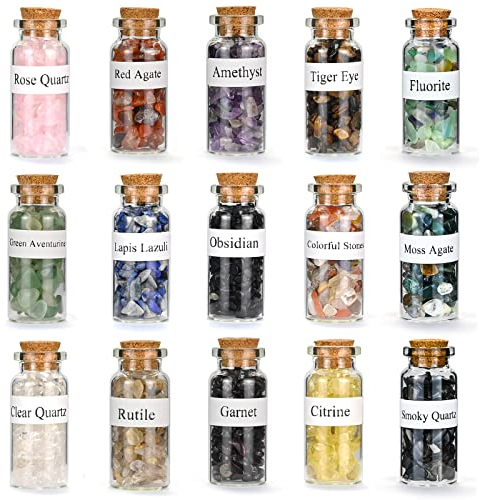 15Pcs Crystals Gemstone Bottles Set, Healing Crystal Tumbled Stones Collection Kit Natural Quartz Gravel Wishing Bottle, Reiki, Healing, Meditation