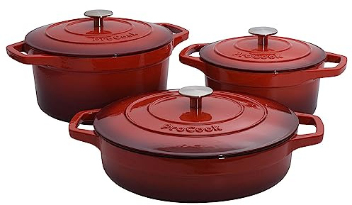 ProCook Enamel Dutch Oven Set with Lids - 3 Piece 20/24/28cm, Round Cast Iron Casserole Dishes - Red, Induction Compatible Cookware