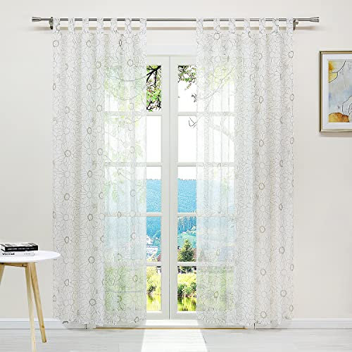 ESLIR Gardinen mit Schlaufen Vorhänge Fensterschal Transparent Schlaufenschal Voile Schal mit Blumen Muster Hellbraun BxH 145x225cm 1 Stück