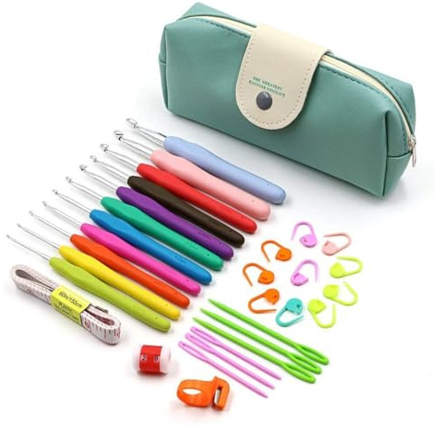INF virknål set 11 stycken färgglada ergonomiskt mjukt gummi komfort grepp virka stickade barr kit hushållsverktyg med bärbar väska, virknålar, maskmarkeringar och måttband