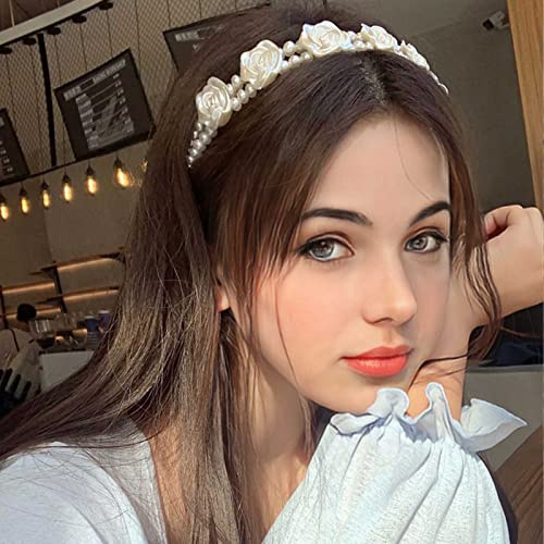 Yienate Elegante Rose Blume Krone Stirnband Kunststoff Weiße Rose Blumen Prinzessin Tiara Französisch Braut Haarband Hochzeit Party Haarband Haarschmuck für Frauen Mädchen Tägliches Tragen